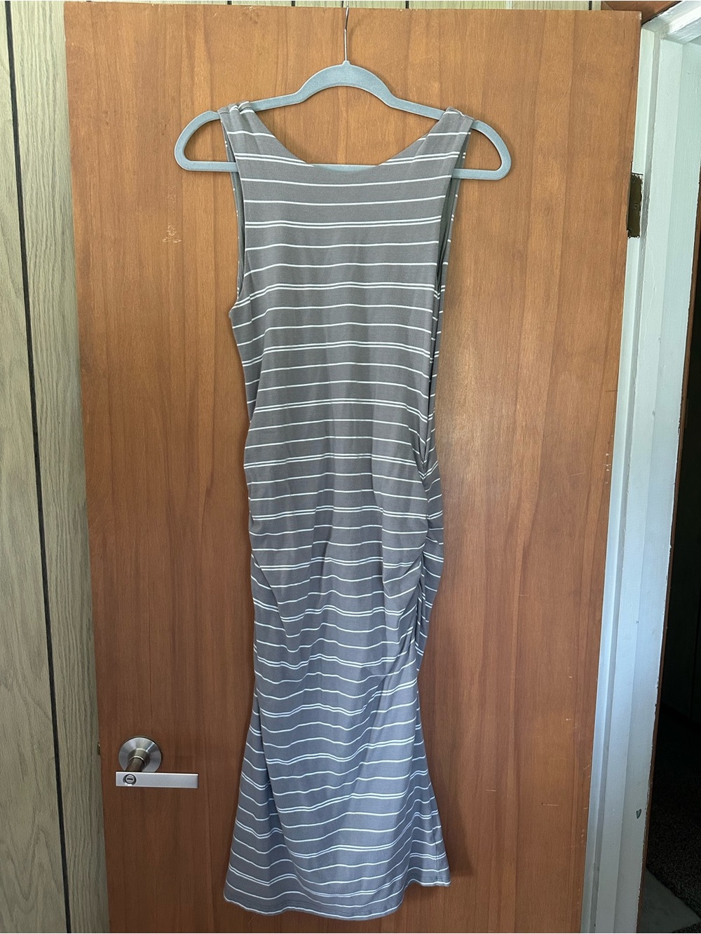 Athleta Gray and White Striped Maxi Dress